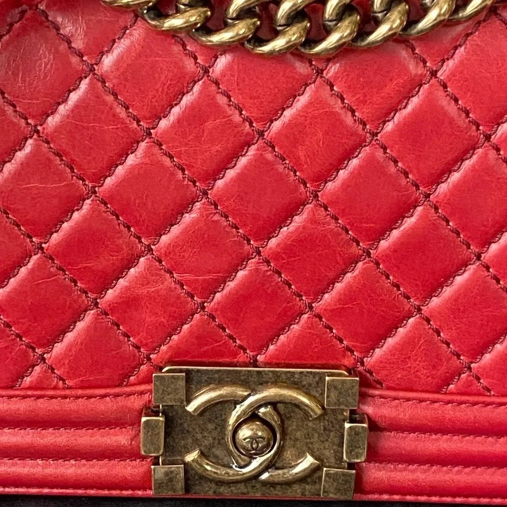 Chanel Boy Red Medium Bag Gold Hardware Comes Full Set: COA, Dust Bag, Box